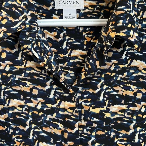Carmen Marc Valvo Navy and Tan L/S Blouse - Picture 2 of 3